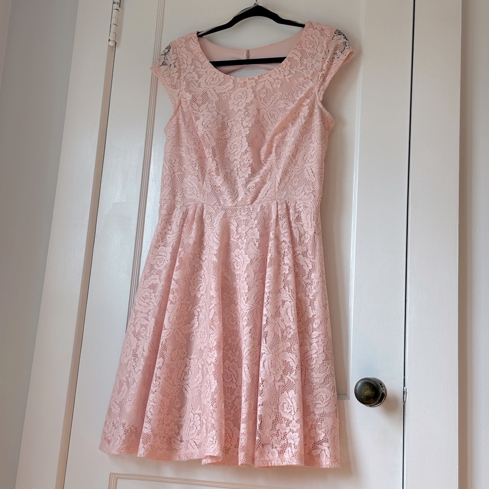 AGB Mid-Length Cap Sleeve Lace Dress, Blush Pink, Size 10